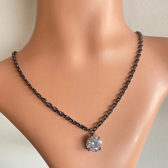 FAC Bold Solitaire Swarovski Crystal Gunmetal Necklace - Picture 1 of 7